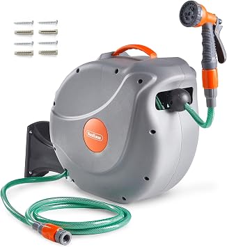 VonHaus Schlauchtrommel 20m, Wandmontierte Gartenschlauch Trommel mit Automatischer Aufrollfunktion, Auto Lock, 180° Schwenkbar Schlauchbox, Schlauchaufroller Inkl. 8 Funktionen Sprühpistole
