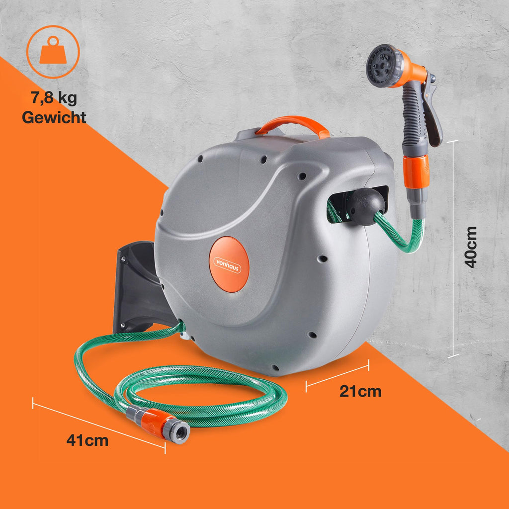 VonHaus Schlauchtrommel 20m, Wandmontierte Gartenschlauch Trommel mit Automatischer Aufrollfunktion, Auto Lock, 180° Schwenkbar Schlauchbox, Schlauchaufroller Inkl. 8 Funktionen Sprühpistole