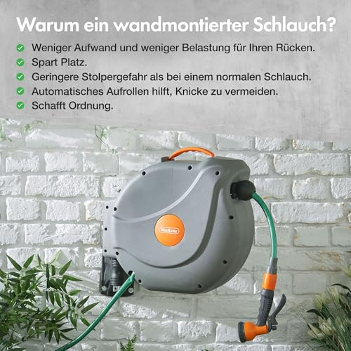 VonHaus Schlauchtrommel 20m, Wandmontierte Gartenschlauch Trommel mit Automatischer Aufrollfunktion, Auto Lock, 180° Schwenkbar Schlauchbox, Schlauchaufroller Inkl. 8 Funktionen Sprühpistole