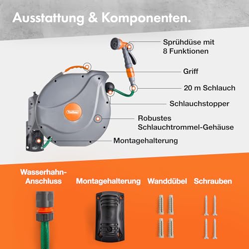 VonHaus Schlauchtrommel 20m, Wandmontierte Gartenschlauch Trommel mit Automatischer Aufrollfunktion, Auto Lock, 180° Schwenkbar Schlauchbox, Schlauchaufroller Inkl. 8 Funktionen Sprühpistole