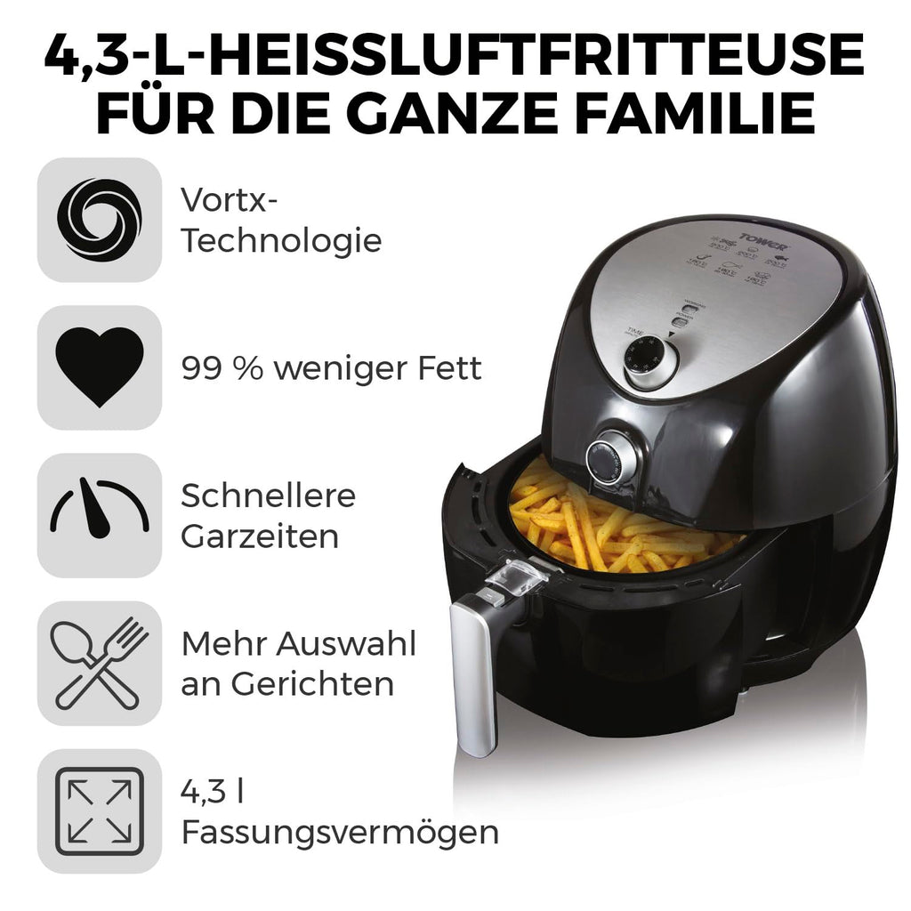 Tower T17021 Heißluftfritteuse für die Ganze Familie mit Schneller Luftzirkulation - 60-Minuten-Timer - Airfryer 4,3L 1500W - Schwarz