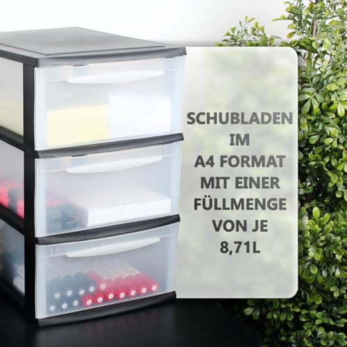 Schubladenbox A4 Schubladenschrank Kunststoff Schreibtisch Organizer mit 3 transparenten Schubladen Aufbewahrungsturm (8,71L Schubladen)