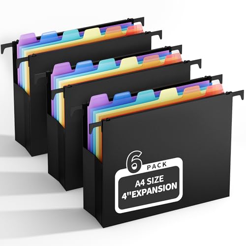Uquelic A4 Hängeregister Mappen, 6 Stück (10 cm Erweiterung), große Kapazität Hängemappen mit bunten PP-Trennblättern und Reitern, Hängeordner für Schule, Zuhause, Büro, Organisation, Schwarz