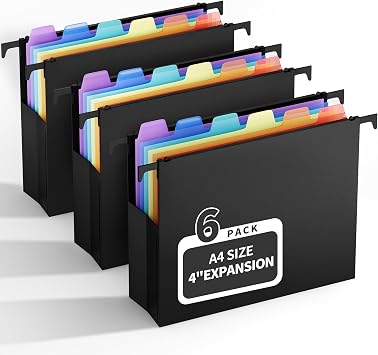 Uquelic A4 Hängeregister Mappen, 6 Stück (10 cm Erweiterung), große Kapazität Hängemappen mit bunten PP-Trennblättern und Reitern, Hängeordner für Schule, Zuhause, Büro, Organisation, Schwarz