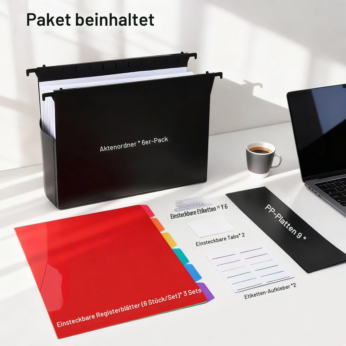 Uquelic A4 Hängeregister Mappen, 6 Stück (10 cm Erweiterung), große Kapazität Hängemappen mit bunten PP-Trennblättern und Reitern, Hängeordner für Schule, Zuhause, Büro, Organisation, Schwarz