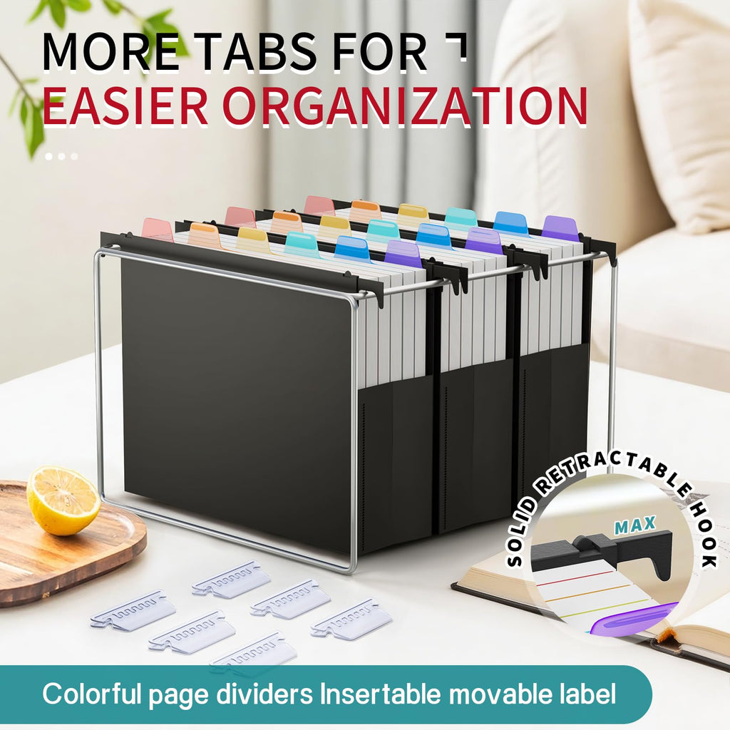Uquelic A4 Hängeregister Mappen, 6 Stück (10 cm Erweiterung), große Kapazität Hängemappen mit bunten PP-Trennblättern und Reitern, Hängeordner für Schule, Zuhause, Büro, Organisation, Schwarz