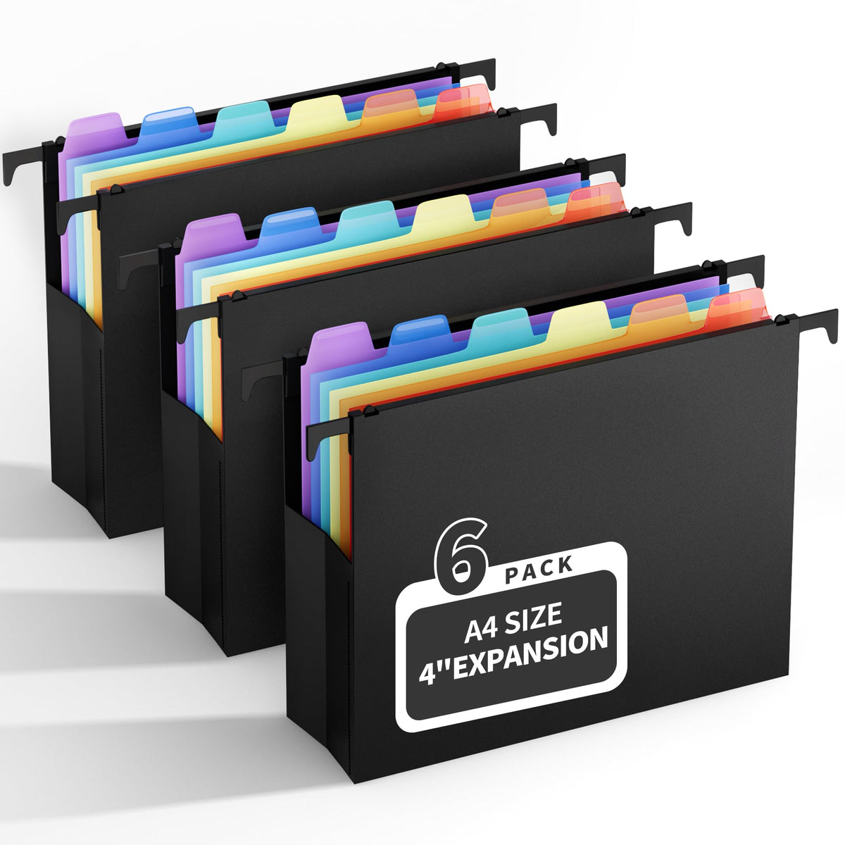 Uquelic A4 Hängeregister Mappen, 6 Stück (10 cm Erweiterung), große Kapazität Hängemappen mit bunten PP-Trennblättern und Reitern, Hängeordner für Schule, Zuhause, Büro, Organisation, Schwarz
