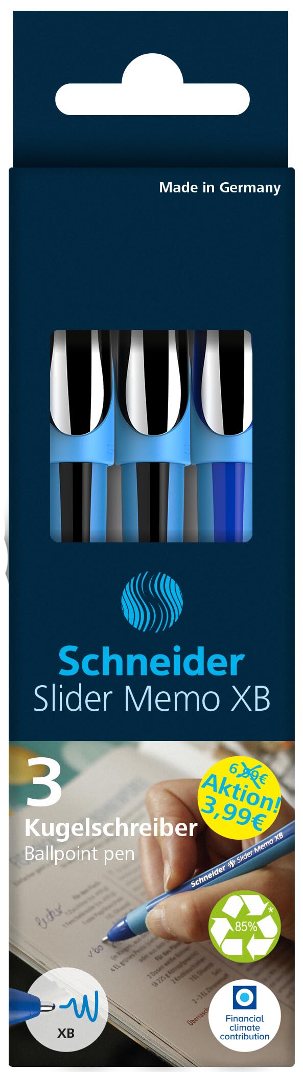 Schneider Kugelschreiber Slider Memo XB (extrabreit, Made in Germany) 3er Etui, 2x schwarz/1x blau