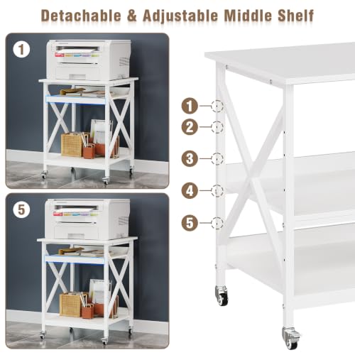 VEDECASA 3 Ebenen Druckerständer mit Rollen, Großer Druckertisch 60x60cm mit Ablagen, Stabiler Druckerwagen mit X-Rahmen für Büro und Home Office, Weiß, Passt Fuer Grosse Drucker,Leicht Beweglich,Weiß