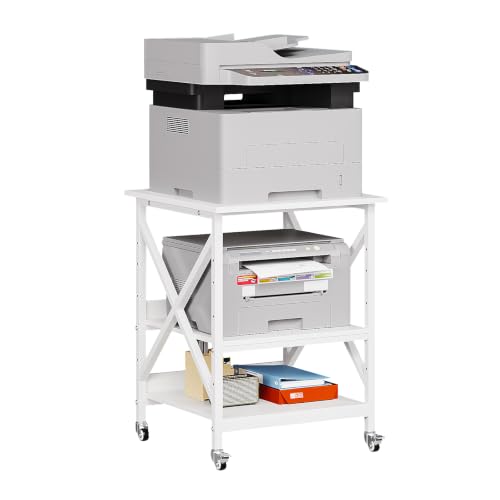 VEDECASA 3 Ebenen Druckerständer mit Rollen, Großer Druckertisch 60x60cm mit Ablagen, Stabiler Druckerwagen mit X-Rahmen für Büro und Home Office, Weiß, Passt Fuer Grosse Drucker,Leicht Beweglich,Weiß