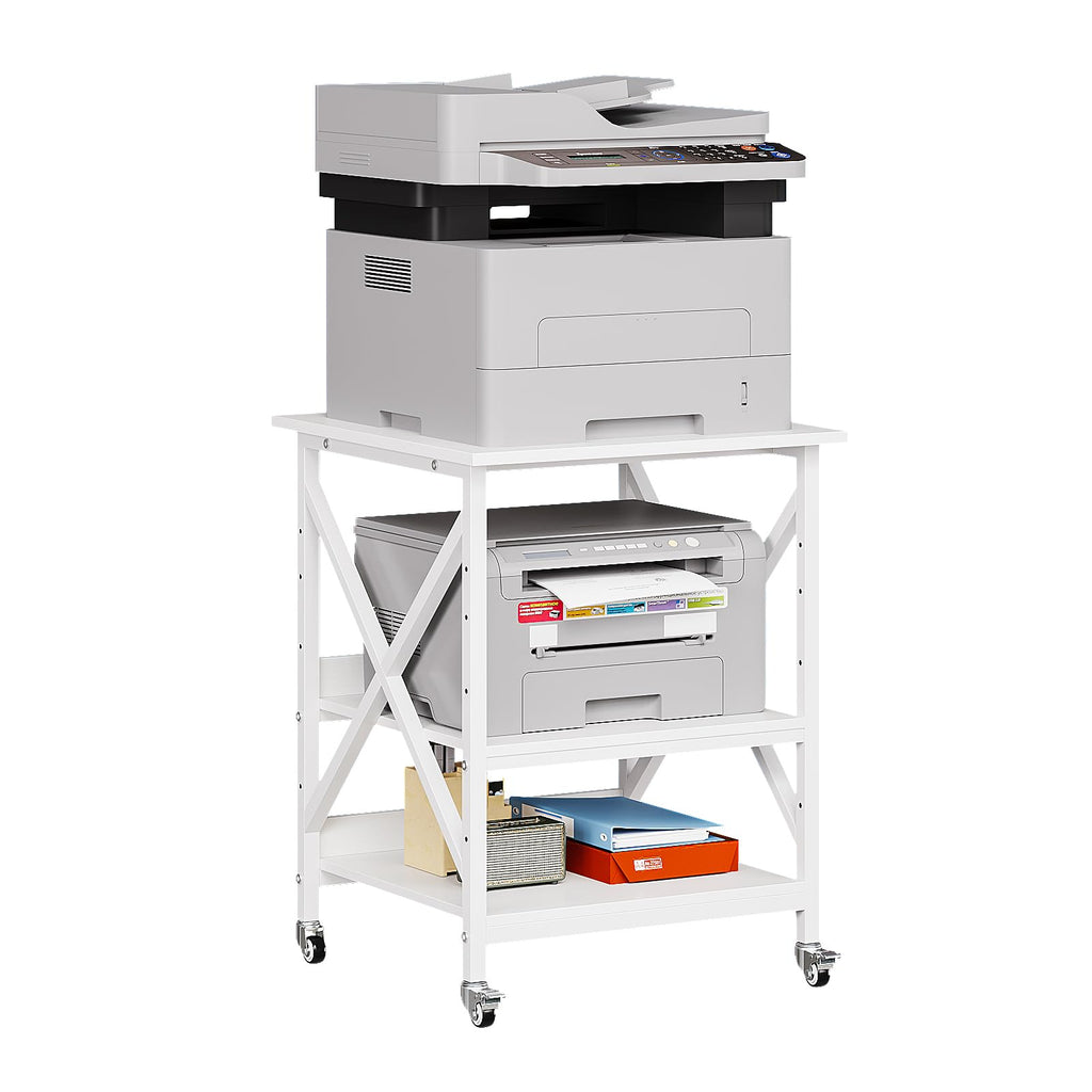 VEDECASA 3 Ebenen Druckerständer mit Rollen, Großer Druckertisch 60x60cm mit Ablagen, Stabiler Druckerwagen mit X-Rahmen für Büro und Home Office, Weiß, Passt Fuer Grosse Drucker,Leicht Beweglich,Weiß