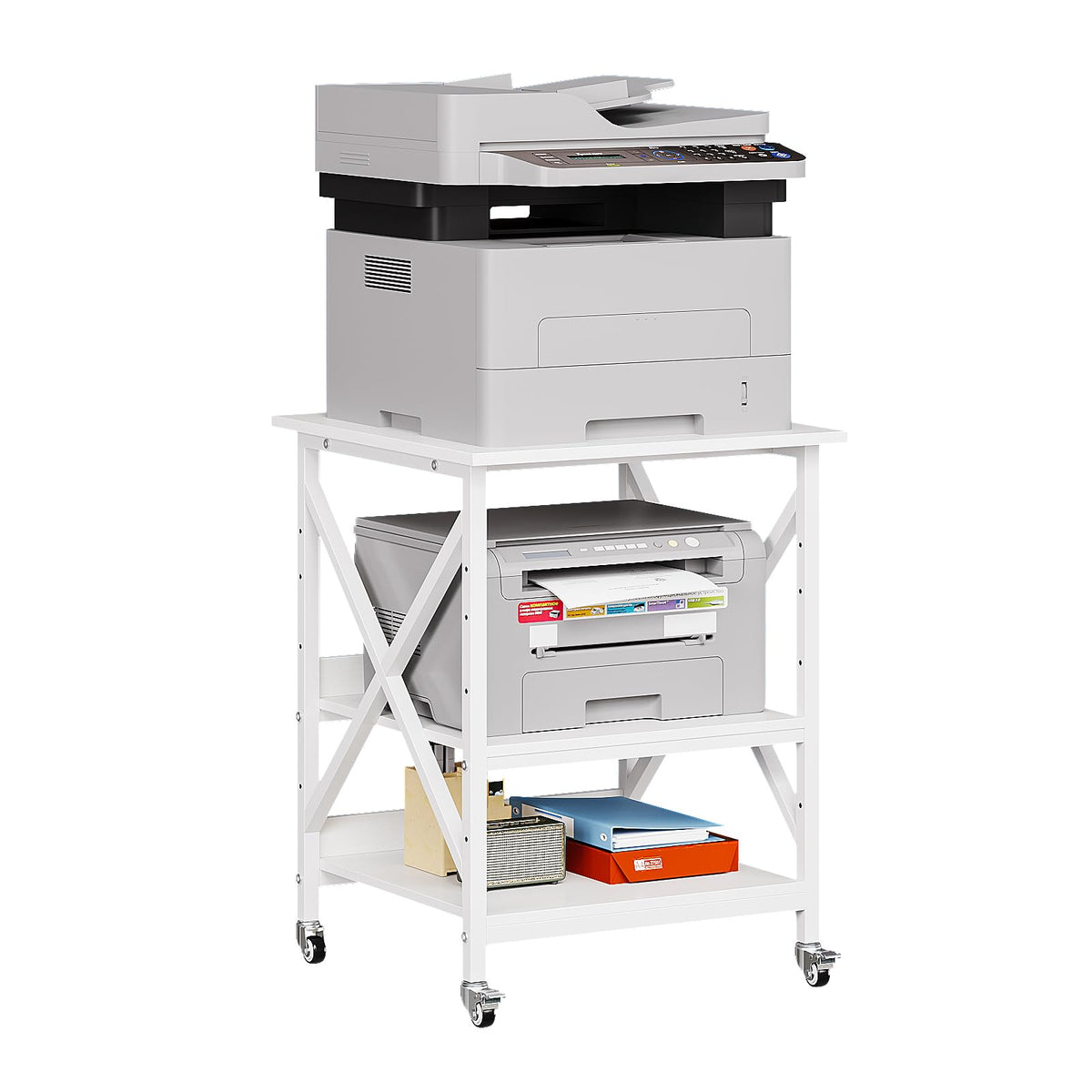 VEDECASA 3 Ebenen Druckerständer mit Rollen, Großer Druckertisch 60x60cm mit Ablagen, Stabiler Druckerwagen mit X-Rahmen für Büro und Home Office, Weiß, Passt Fuer Grosse Drucker,Leicht Beweglich,Weiß