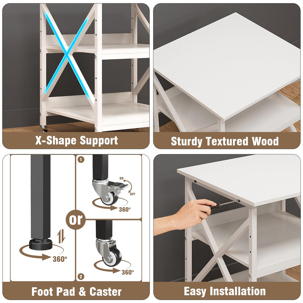 VEDECASA 3 Ebenen Druckerständer mit Rollen, Großer Druckertisch 60x60cm mit Ablagen, Stabiler Druckerwagen mit X-Rahmen für Büro und Home Office, Weiß, Passt Fuer Grosse Drucker,Leicht Beweglich,Weiß