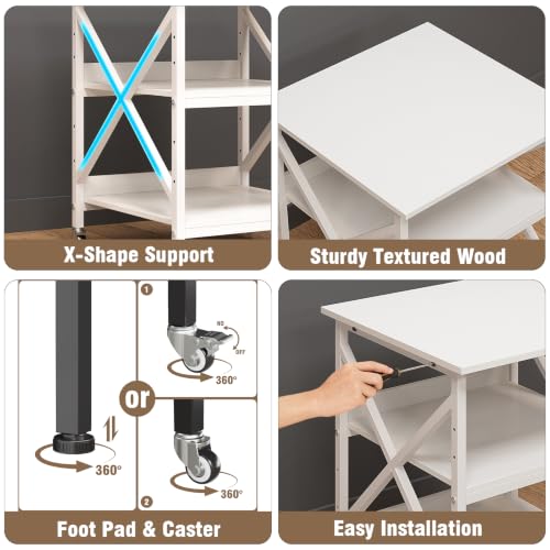 VEDECASA 3 Ebenen Druckerständer mit Rollen, Großer Druckertisch 60x60cm mit Ablagen, Stabiler Druckerwagen mit X-Rahmen für Büro und Home Office, Weiß, Passt Fuer Grosse Drucker,Leicht Beweglich,Weiß