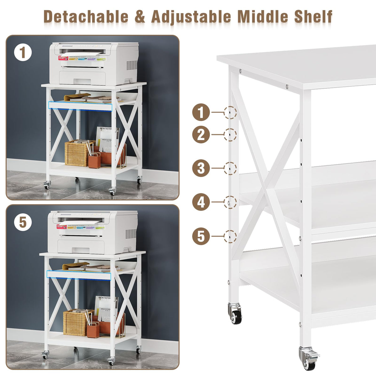 VEDECASA 3 Ebenen Druckerständer mit Rollen, Großer Druckertisch 60x60cm mit Ablagen, Stabiler Druckerwagen mit X-Rahmen für Büro und Home Office, Weiß, Passt Fuer Grosse Drucker,Leicht Beweglich,Weiß