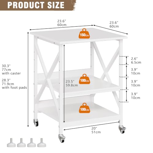 VEDECASA 3 Ebenen Druckerständer mit Rollen, Großer Druckertisch 60x60cm mit Ablagen, Stabiler Druckerwagen mit X-Rahmen für Büro und Home Office, Weiß, Passt Fuer Grosse Drucker,Leicht Beweglich,Weiß