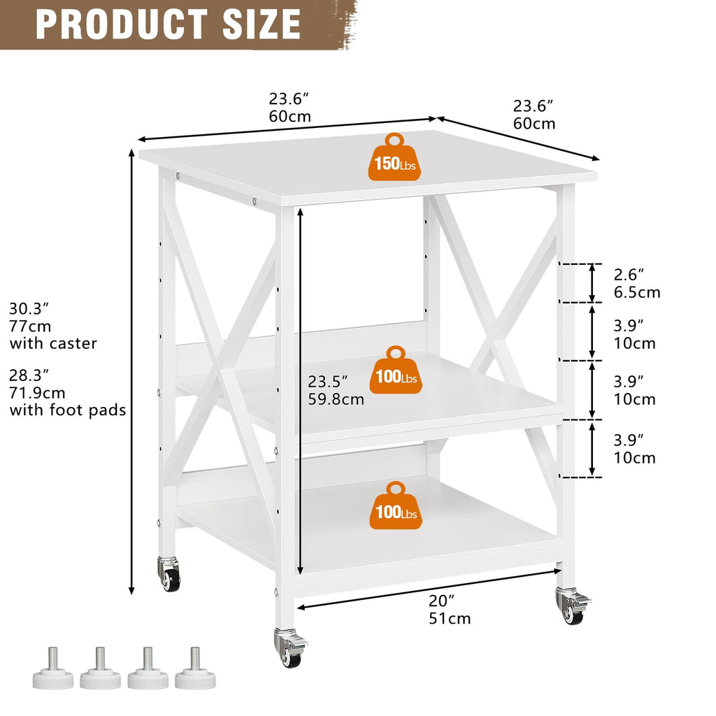 VEDECASA 3 Ebenen Druckerständer mit Rollen, Großer Druckertisch 60x60cm mit Ablagen, Stabiler Druckerwagen mit X-Rahmen für Büro und Home Office, Weiß, Passt Fuer Grosse Drucker,Leicht Beweglich,Weiß