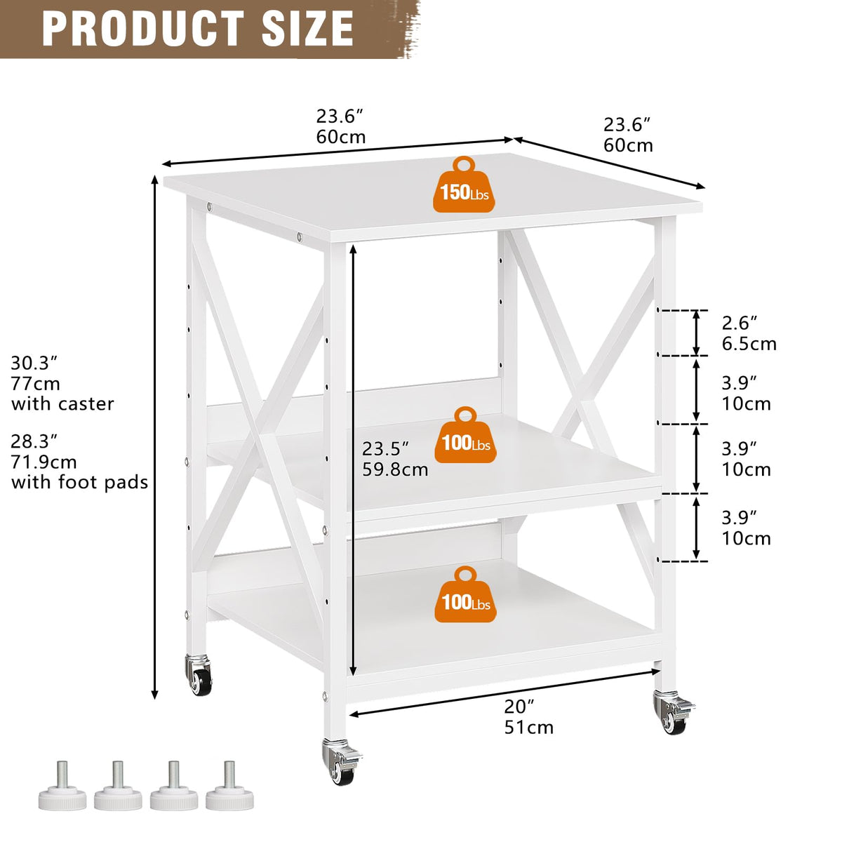 VEDECASA 3 Ebenen Druckerständer mit Rollen, Großer Druckertisch 60x60cm mit Ablagen, Stabiler Druckerwagen mit X-Rahmen für Büro und Home Office, Weiß, Passt Fuer Grosse Drucker,Leicht Beweglich,Weiß