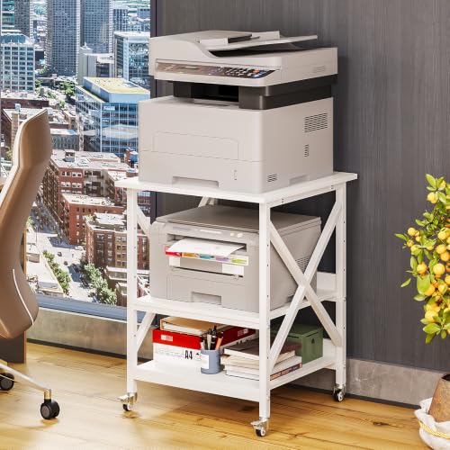 VEDECASA 3 Ebenen Druckerständer mit Rollen, Großer Druckertisch 60x60cm mit Ablagen, Stabiler Druckerwagen mit X-Rahmen für Büro und Home Office, Weiß, Passt Fuer Grosse Drucker,Leicht Beweglich,Weiß