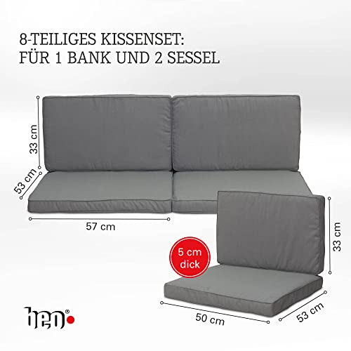 Beo Lounge Auflagen Set Monaco 8-teilig - Atmungsaktiv, Maschinenwaschbar, UV-beständig - Gartenmöbel Kissen für Rattanmöbel in Hell-Grau - Passend für Allibert Lounge-Möbel
