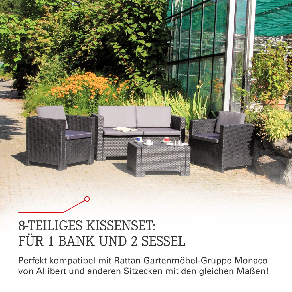 Beo Lounge Auflagen Set Monaco 8-teilig - Atmungsaktiv, Maschinenwaschbar, UV-beständig - Gartenmöbel Kissen für Rattanmöbel in Hell-Grau - Passend für Allibert Lounge-Möbel