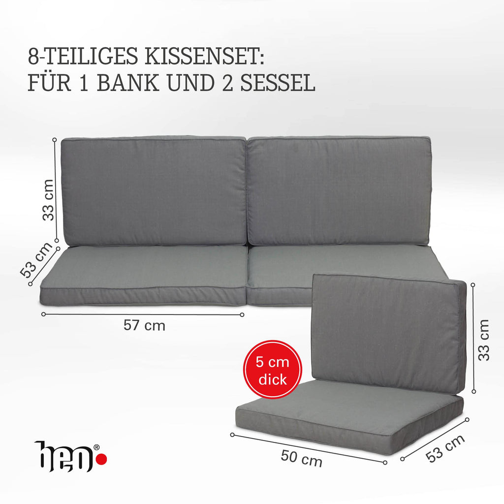 Beo Lounge Auflagen Set Monaco 8-teilig - Atmungsaktiv, Maschinenwaschbar, UV-beständig - Gartenmöbel Kissen für Rattanmöbel in Hell-Grau - Passend für Allibert Lounge-Möbel