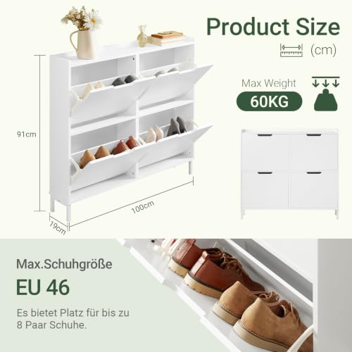 SoBuy Schuhschrank schmal mit 4 Klappen 100x91x19cm für Flur