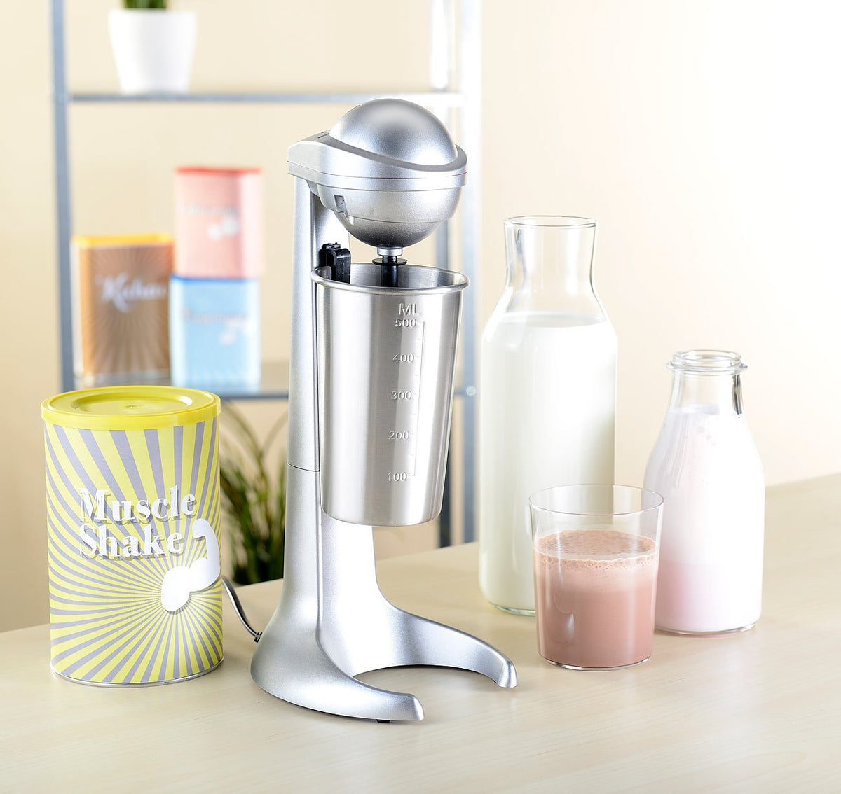 Rosenstein & Söhne Milchshaker: Elektrischer Drink-Mixer mit Edelstahl-Becher, 65 Watt (Milchshaker elektrisch, Milchshake Mixer, Shake)