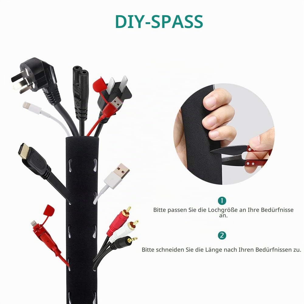 GeeRic 4M Kabelschlauch Neopren Kabelkanal mit einstellbarem Durchmesser für Kabelmanagement, Neopren Flexibler und wiederverwendbarer mit Klettverschluss Schwarz/Weiß
