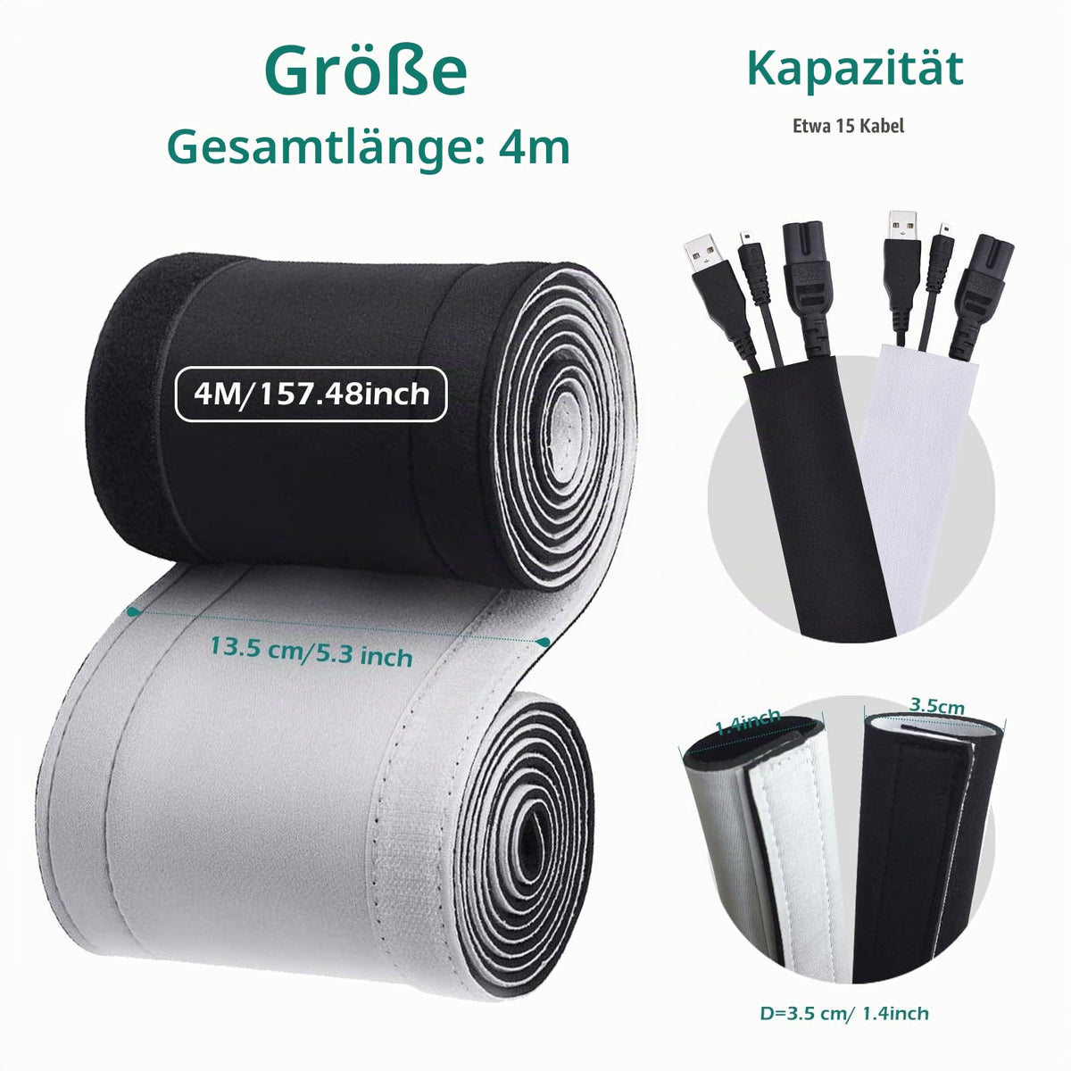 GeeRic 4M Kabelschlauch Neopren Kabelkanal mit einstellbarem Durchmesser für Kabelmanagement, Neopren Flexibler und wiederverwendbarer mit Klettverschluss Schwarz/Weiß