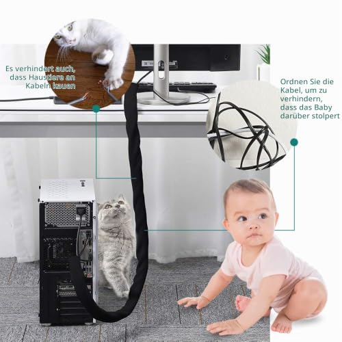 GeeRic 4M Kabelschlauch Neopren Kabelkanal mit einstellbarem Durchmesser für Kabelmanagement, Neopren Flexibler und wiederverwendbarer mit Klettverschluss Schwarz/Weiß