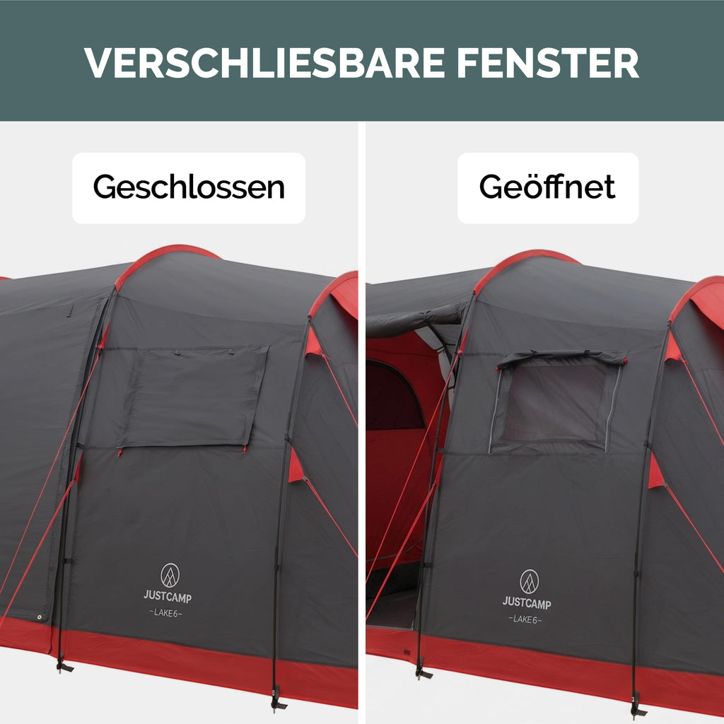 JUSTCAMP Lake XXL Familienzelt für 6 Personen - wasserdichtes Tunnelzelt mit 2 Schlafkabinen, großem Vorraum & Stehhöhe - Campingzelt mit eingenähtem Boden, Moskitonetz und 2 Eingängen