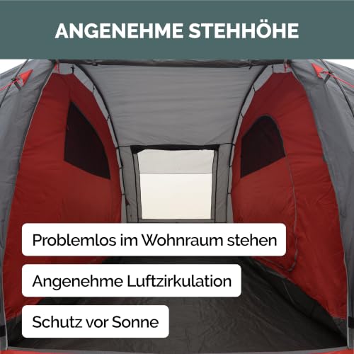JUSTCAMP Lake XXL Familienzelt für 6 Personen - wasserdichtes Tunnelzelt mit 2 Schlafkabinen, großem Vorraum & Stehhöhe - Campingzelt mit eingenähtem Boden, Moskitonetz und 2 Eingängen