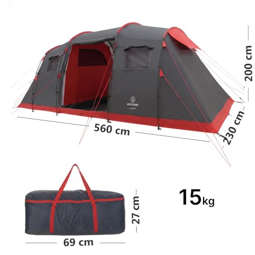 JUSTCAMP Lake XXL Familienzelt für 6 Personen - wasserdichtes Tunnelzelt mit 2 Schlafkabinen, großem Vorraum & Stehhöhe - Campingzelt mit eingenähtem Boden, Moskitonetz und 2 Eingängen