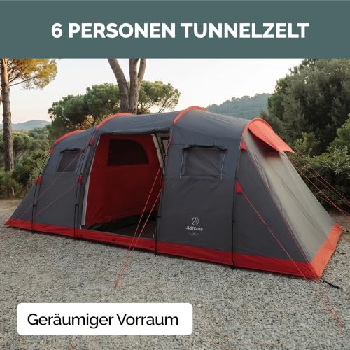 JUSTCAMP Lake XXL Familienzelt für 6 Personen - wasserdichtes Tunnelzelt mit 2 Schlafkabinen, großem Vorraum & Stehhöhe - Campingzelt mit eingenähtem Boden, Moskitonetz und 2 Eingängen