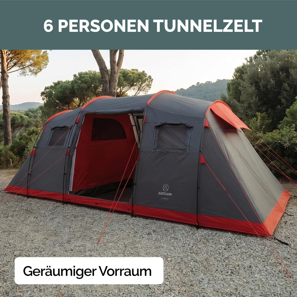 JUSTCAMP Lake XXL Familienzelt für 6 Personen - wasserdichtes Tunnelzelt mit 2 Schlafkabinen, großem Vorraum & Stehhöhe - Campingzelt mit eingenähtem Boden, Moskitonetz und 2 Eingängen