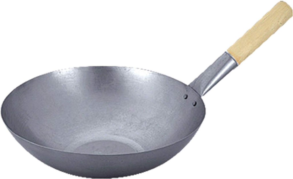 Wok, Asiatische Eisenpfanne, Küchen Wok Ø 33 cm flacher Boden, Holzgriff, Grau