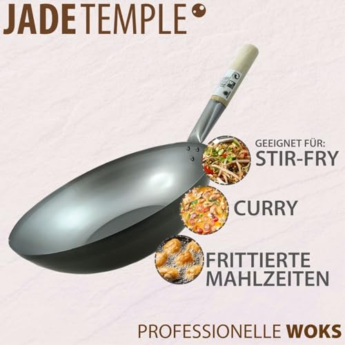 Wok, Asiatische Eisenpfanne, Küchen Wok Ø 33 cm flacher Boden, Holzgriff, Grau