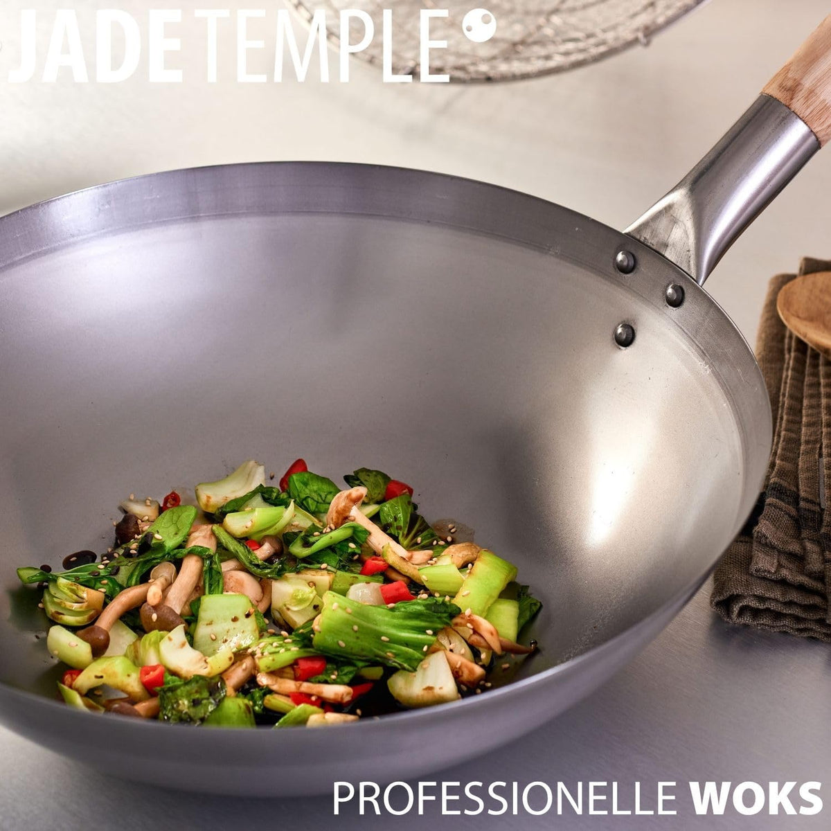 Wok, Asiatische Eisenpfanne, Küchen Wok Ø 33 cm flacher Boden, Holzgriff, Grau