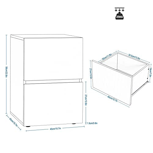 EUGAD Nachttisch 2er Set Hochglanz mit 2 Schubladen B40 cm