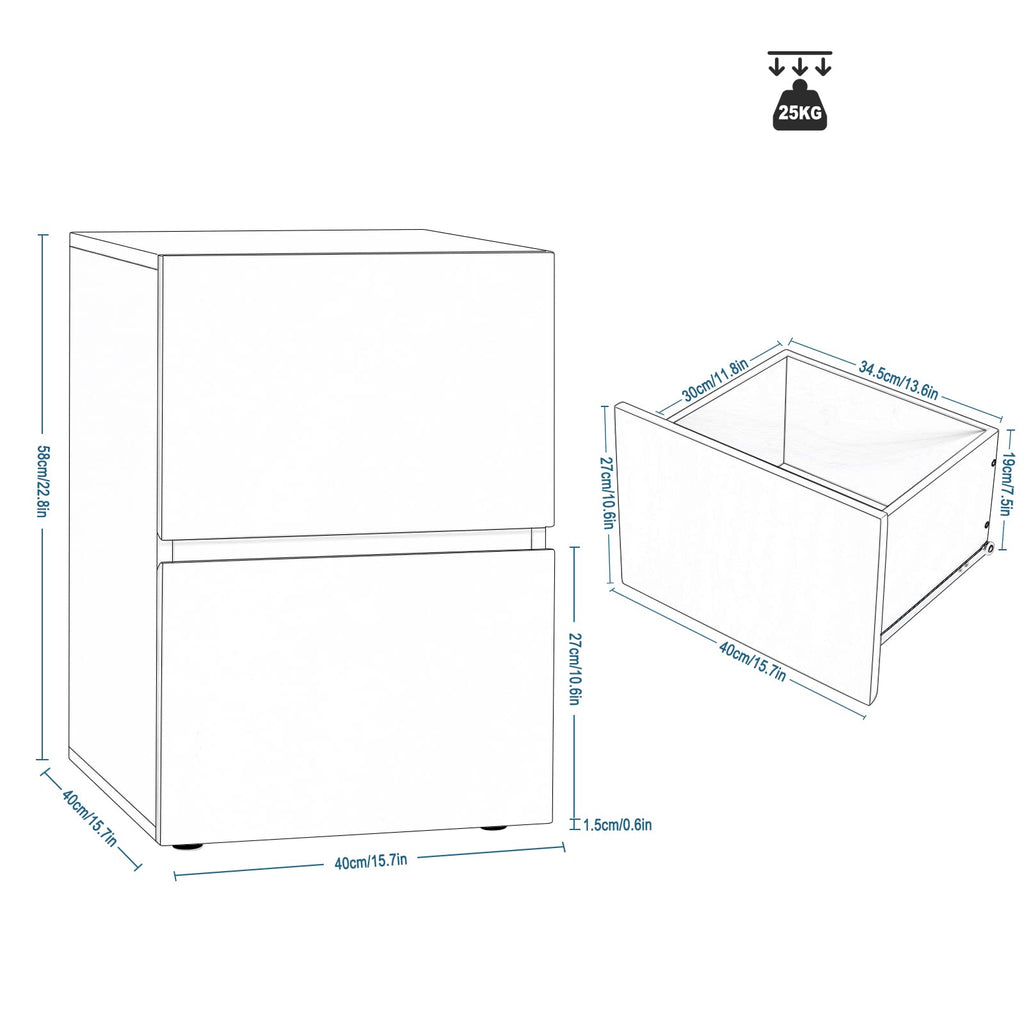 EUGAD Nachttisch 2er Set Hochglanz mit 2 Schubladen B40 cm