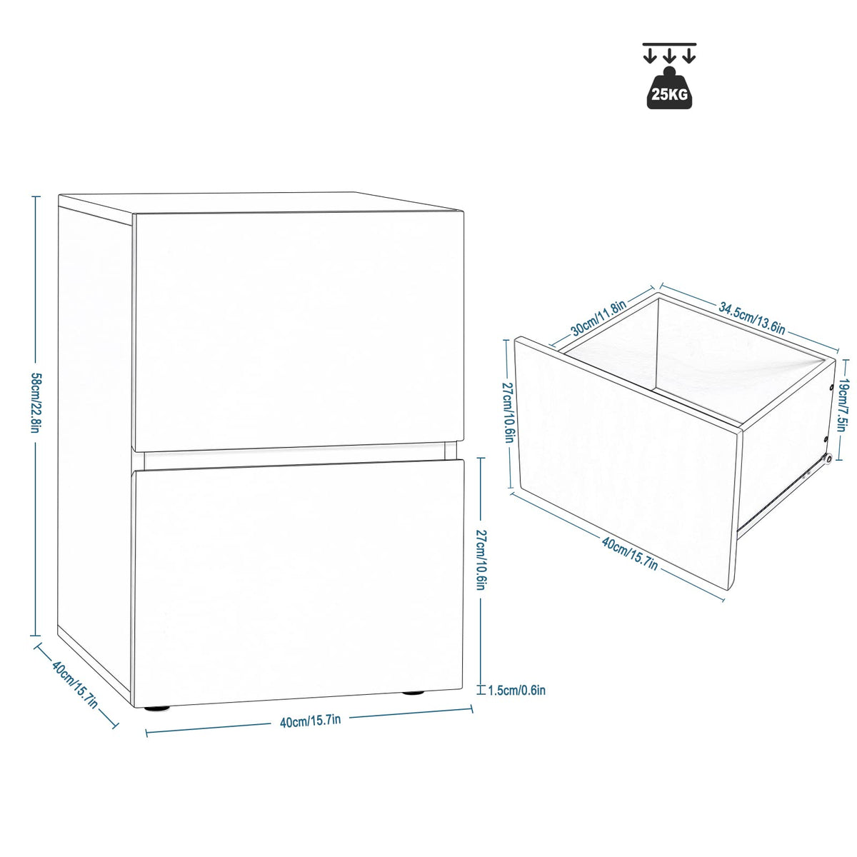 EUGAD Nachttisch 2er Set Hochglanz mit 2 Schubladen B40 cm