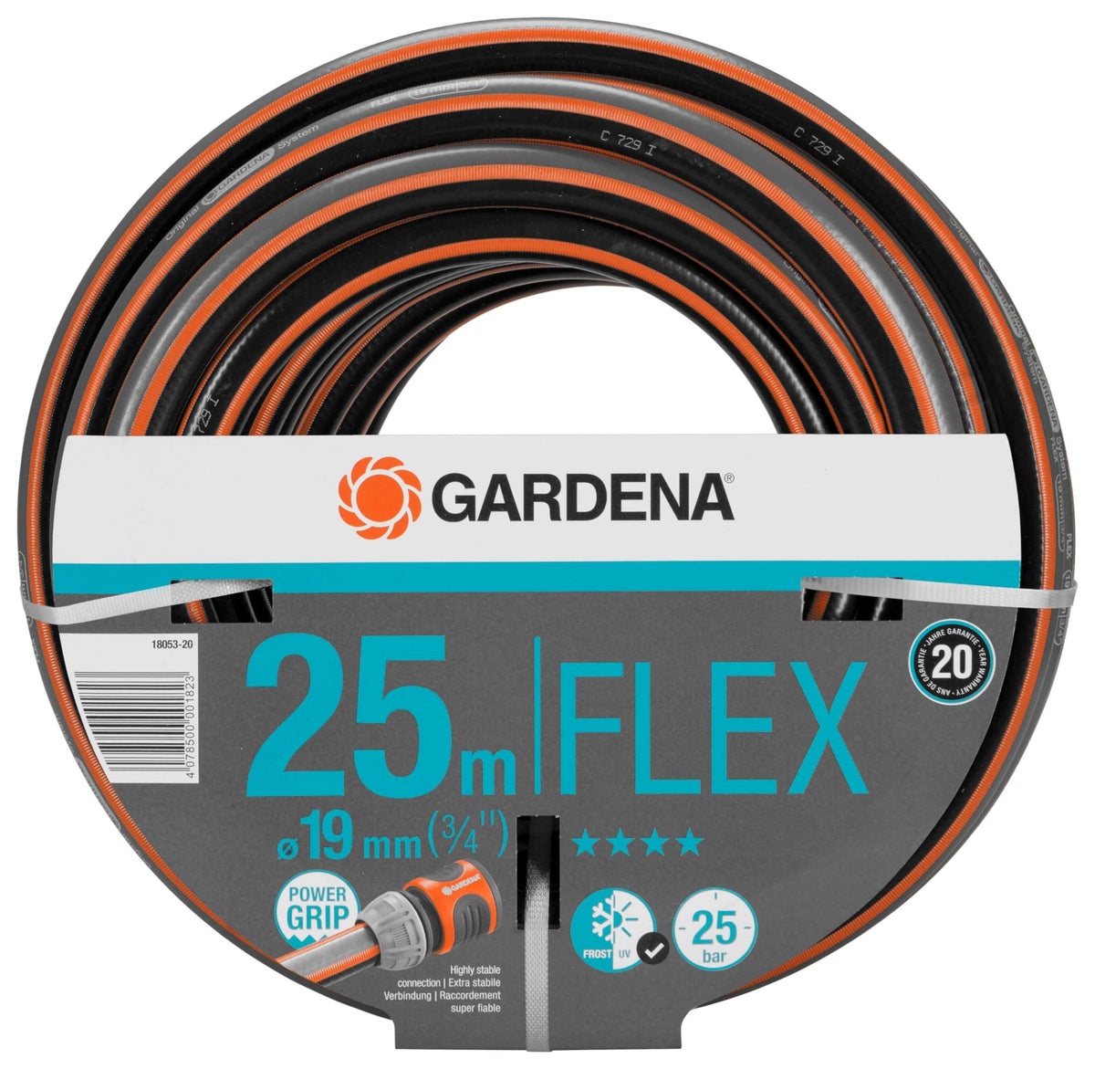Gardena Comfort FLEX Schlauch 19 mm (3/4 Zoll), 25 m: Formstabiler, flexibler Gartenschlauch mit Power-Grip-Profil, aus hochwertigem Spiralgewebe, 25 bar Berstdruck, ohne Systemteile (18053-20)