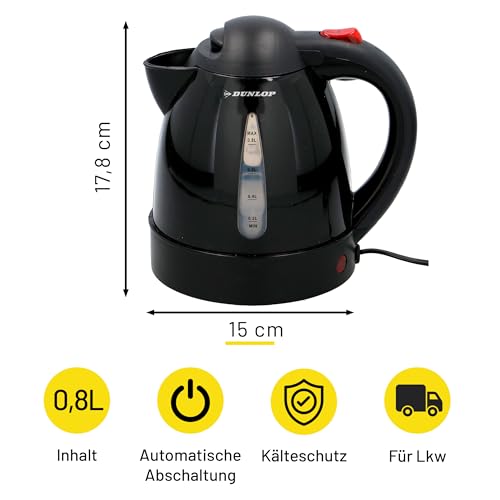 Dunlop Reise-Wasserkocher 0,8L - 24V Wasserkocher für LKW und Wohnmobil - mit Zigarettenanzünder-Stecker, automatischer Abschaltung und Trockenkochschutz - Kunststoff - Schwarz