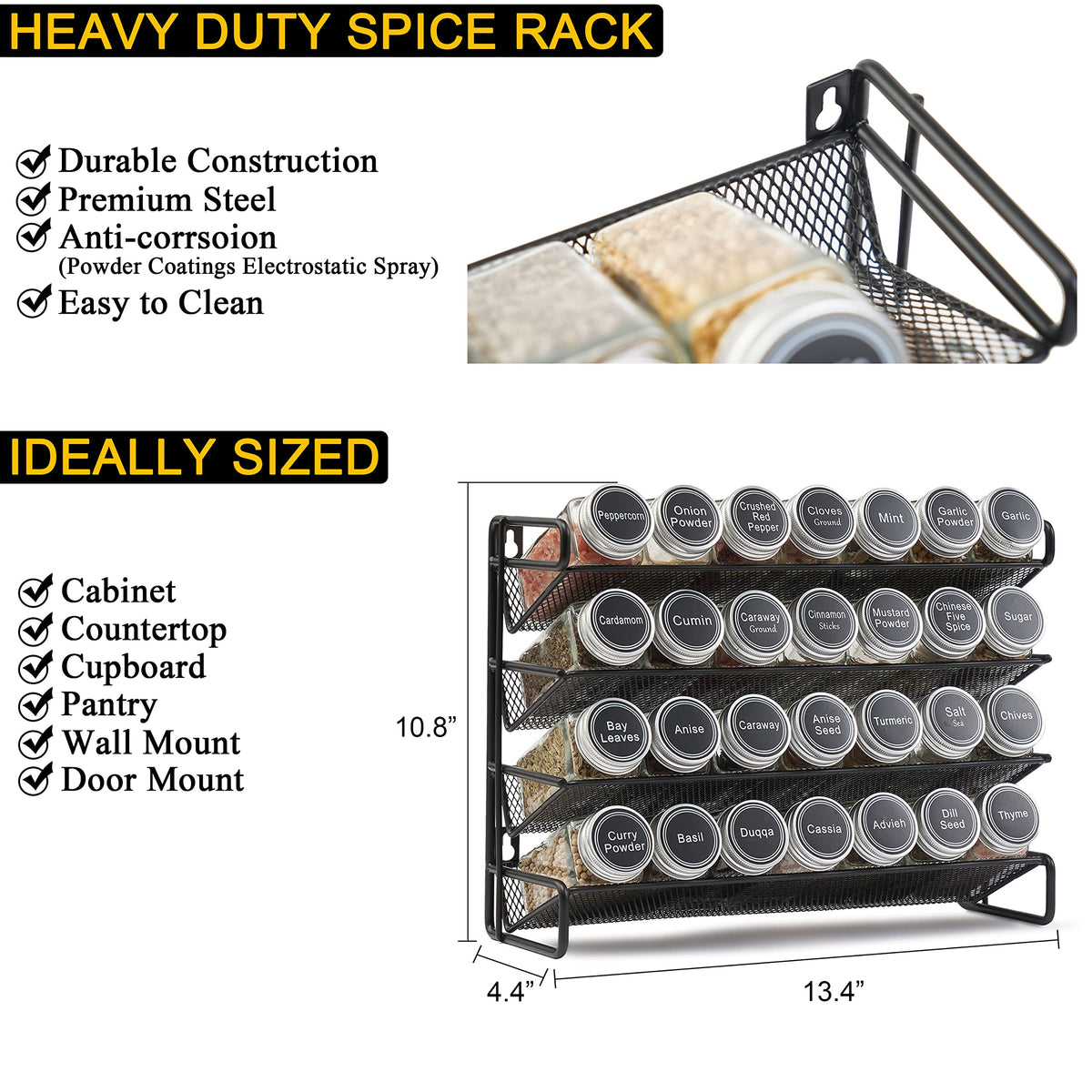 SpaceAid Gewürzregal mit 28 Gewürzgläsern, 386 Gewürzetiketten, Kreidemarker und Trichter-Set für Schrank, Arbeitsplatte, Speisekammer,Schwarz, 13.4" W