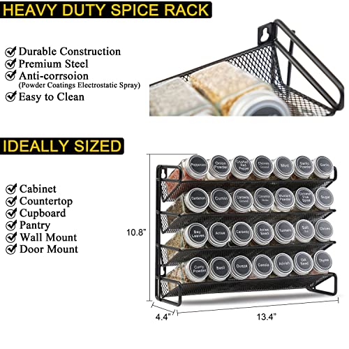 SpaceAid Gewürzregal mit 28 Gewürzgläsern, 386 Gewürzetiketten, Kreidemarker und Trichter-Set für Schrank, Arbeitsplatte, Speisekammer,Schwarz, 13.4" W