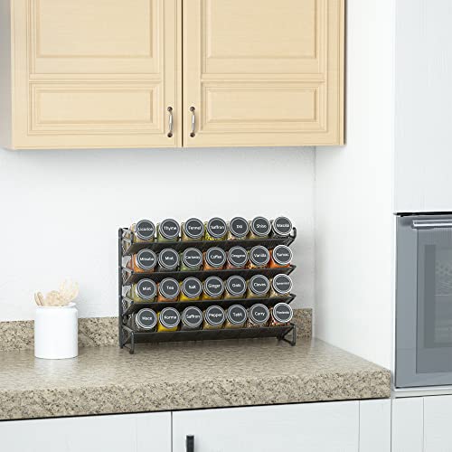 SpaceAid Gewürzregal mit 28 Gewürzgläsern, 386 Gewürzetiketten, Kreidemarker und Trichter-Set für Schrank, Arbeitsplatte, Speisekammer,Schwarz, 13.4" W