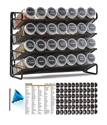 SpaceAid Gewürzregal mit 28 Gewürzgläsern, 386 Gewürzetiketten, Kreidemarker und Trichter-Set für Schrank, Arbeitsplatte, Speisekammer,Schwarz, 13.4" W