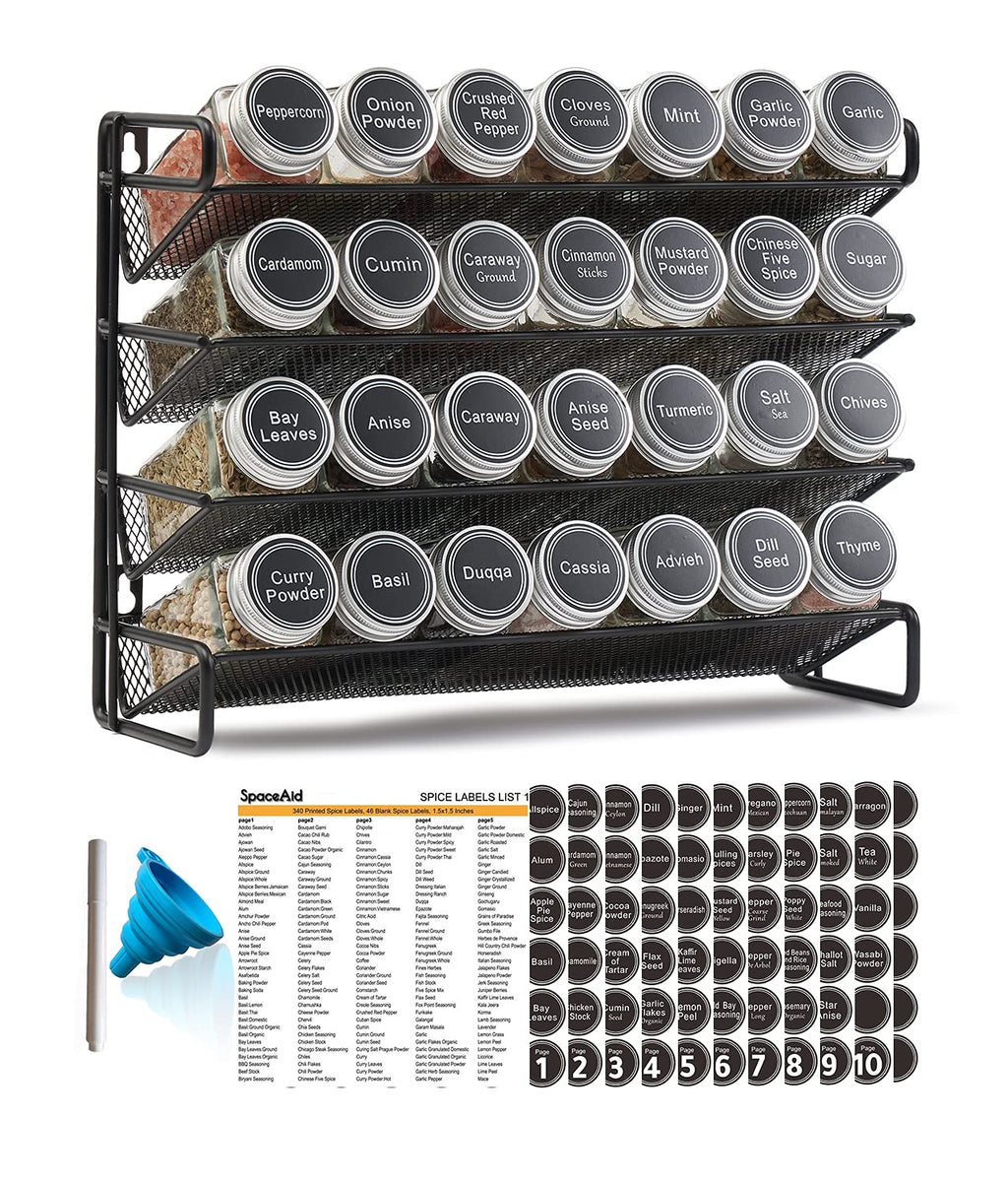 SpaceAid Gewürzregal mit 28 Gewürzgläsern, 386 Gewürzetiketten, Kreidemarker und Trichter-Set für Schrank, Arbeitsplatte, Speisekammer,Schwarz, 13.4" W