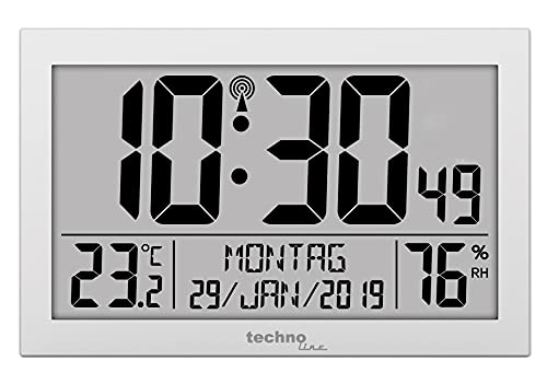 Technoline WS 8016 Funkwanduhr digital mit DCF Funkuhr | Temperatur & Luftfeuchtigkeit | 2 Weckalarme | Kalender | großes LCD Display | Wand- oder Tischuhr | Silber